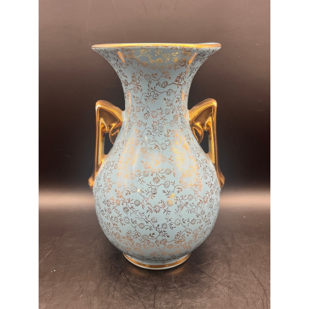 Pearl China Co. Hand Decorated 22 KT. Gold Floral Vase Urn Light Blue Gold Vtg
